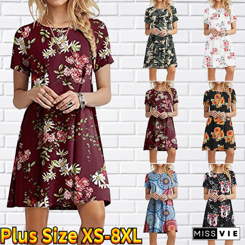 Ladies Fashion Dress Floral Leaf Print Ladies Casual Dress Summer Beach Short Sleeve Dress Long Skirt Plus Size Xs-8Xl