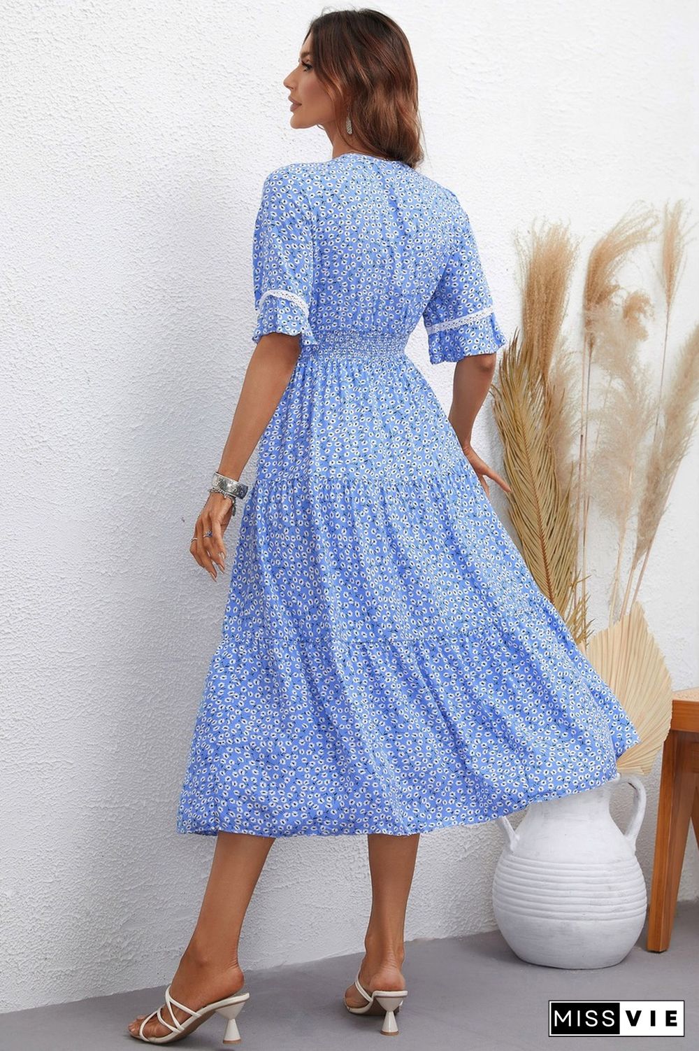 Elegant Floral Print Dress Women Summer Dresses New V-Neck Short Flared Sleeve Single-Breasted Ruffle Midi Dress