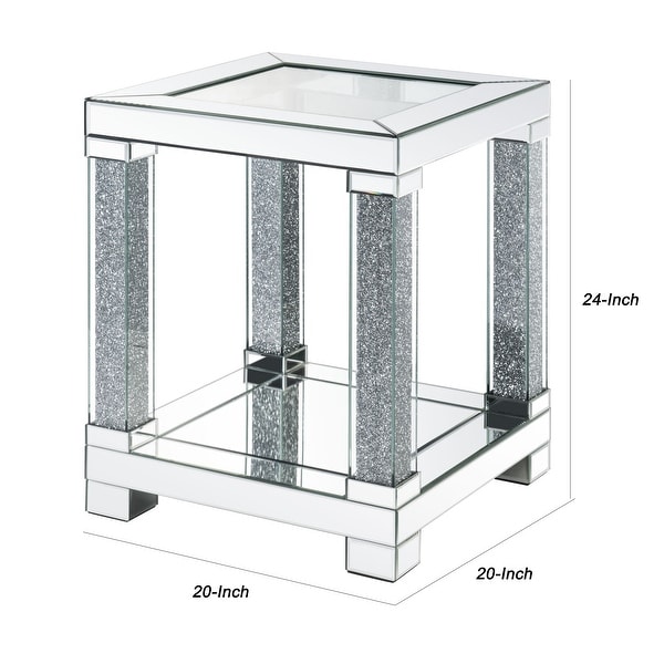 End Table with Faux Gemstone Accents and Mirrored Open Bottom Shelf， Silver