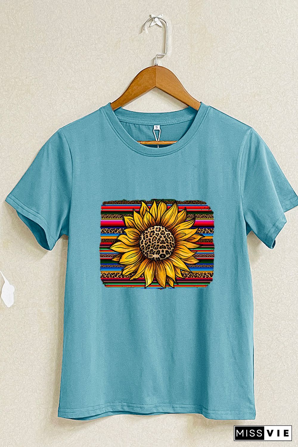 Leopard Sunflower Print Graphic Tees for Women Wholesale Short Sleeve T shirts Top