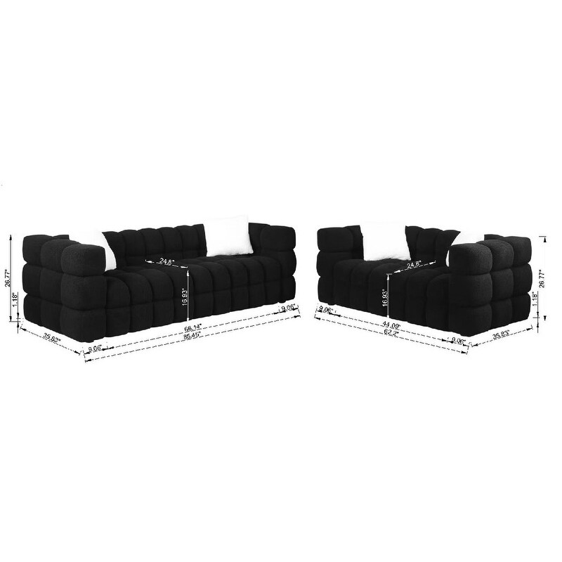 Marshmallow 2pc Sofa Sets  Deep Seat Black Boucle Sofa with Pillows  Lovesaet+3 Seater Straight Row Couch for Living Room