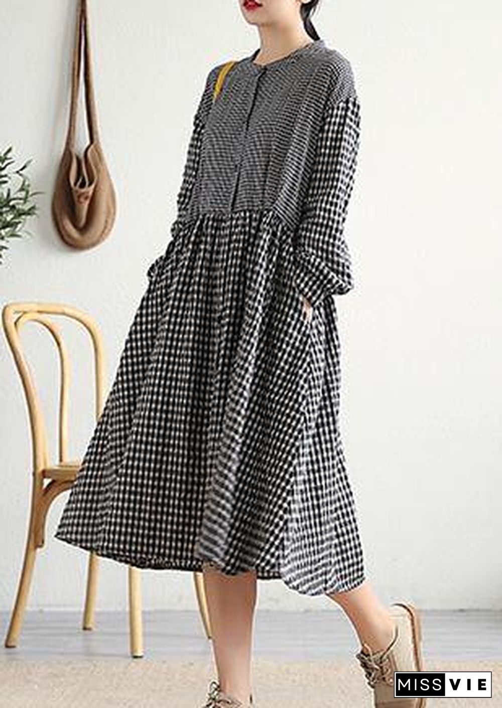 Bohemian o neck patchwork cotton linen Long Shirts Work Outfits black plaid Dress