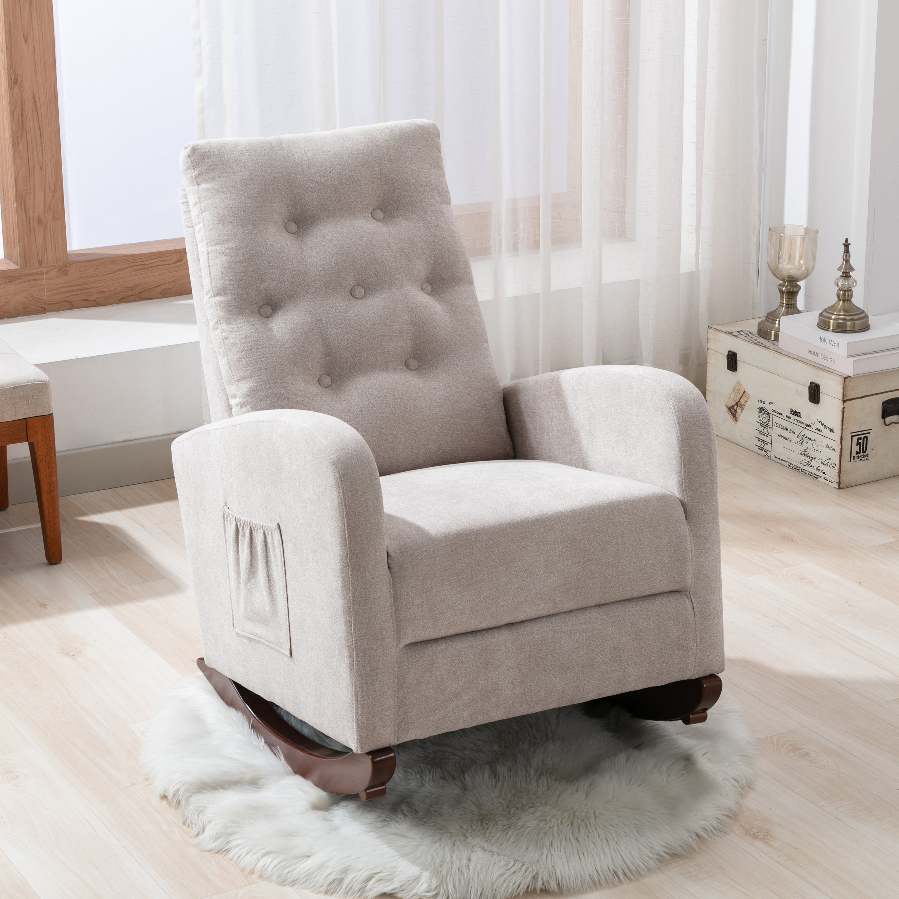 Rocking Chair with High Back, Fabric Padded Seat