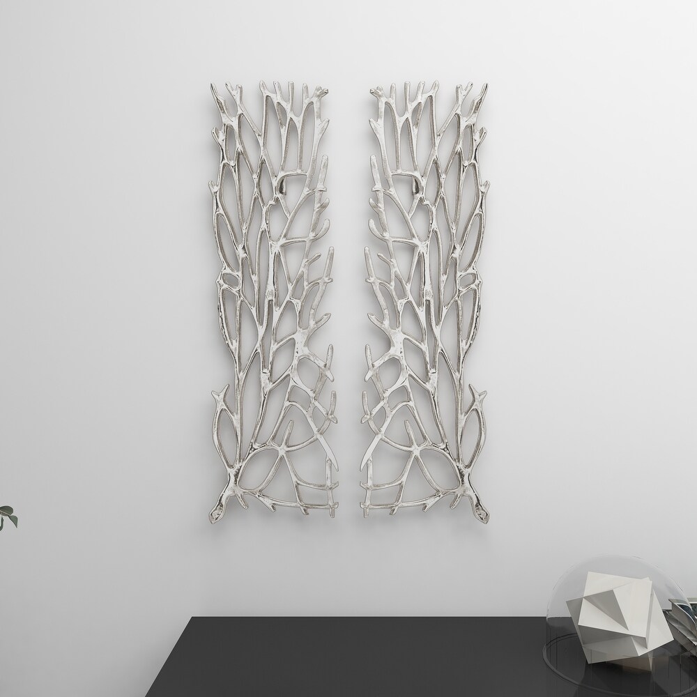 Contemporary Modern Metal Botanical Coral Wall Sculpture Silver or Gold   Set of 2