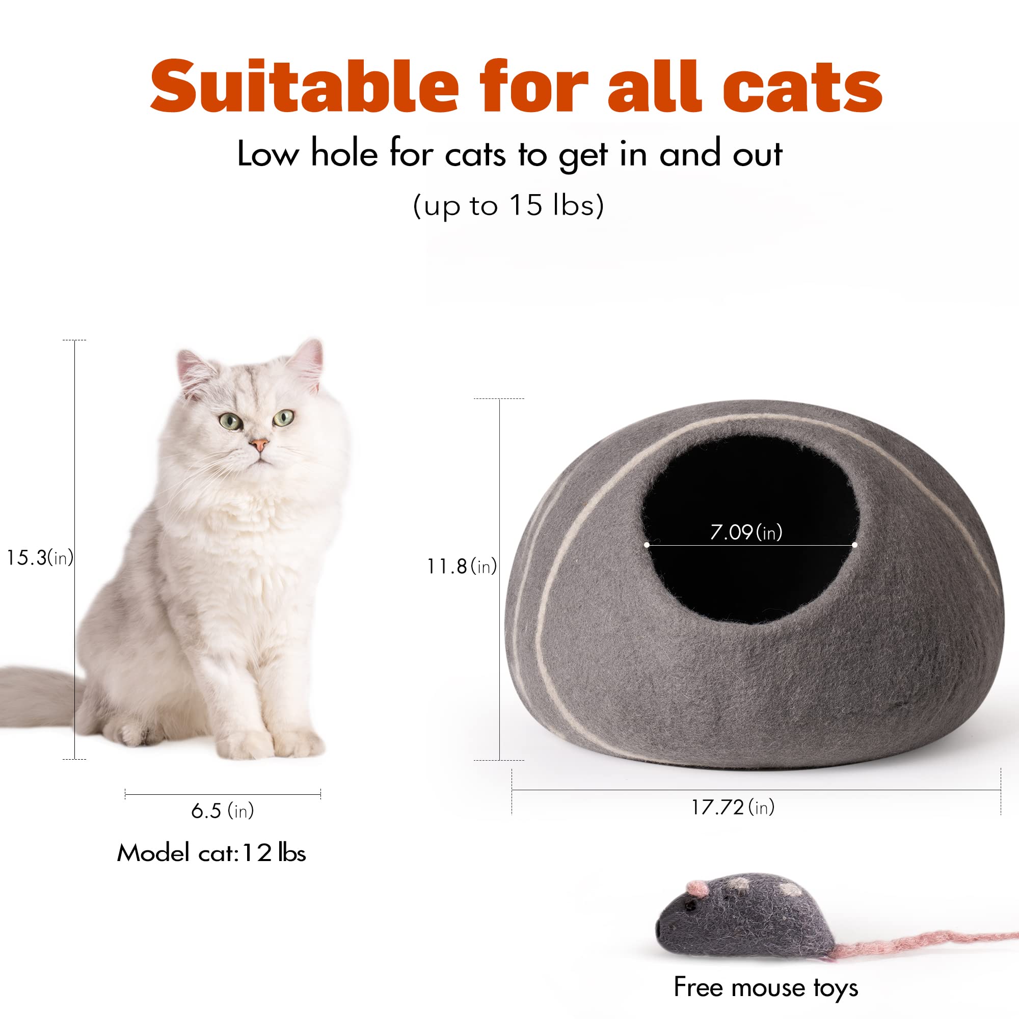 MEWOOFUN Cat Cave Bed -Handmade Wool Cat Bed Cave，Eco-Friendly Cat Bed Cat House，Felt Cat Caves for Indoor Cats and Kittens (Grey)