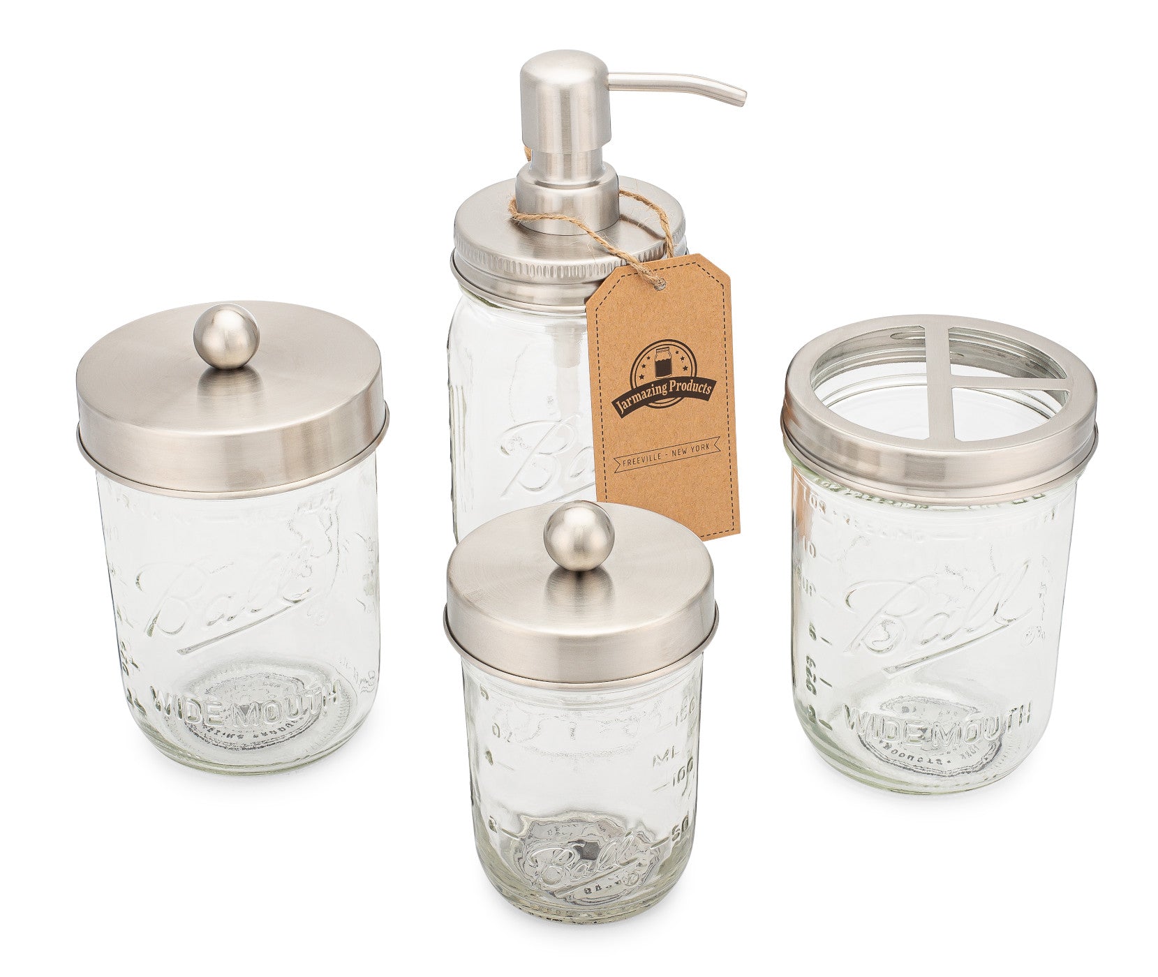 Mason Jar Bathroom Gift Set (4 pcs) - Lotion/Soap Dispenser， Toothbrush Holder， Q-Tip Storage Jars - Farmhouse Home Decor for Vanity Organization - Luxury Bathroom Accessories - Stainless Steel