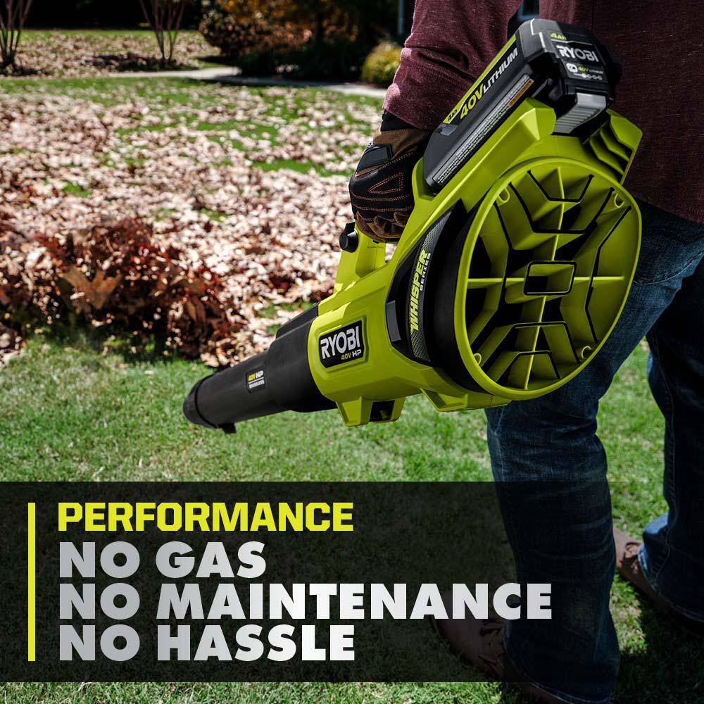 RYOBI 40V HP Brushless Whisper Series 190 MPH 730 CFM Cordless Battery Jet Fan Leaf Blower with (2) 4.0 Ah Batteries  Charger RY404100