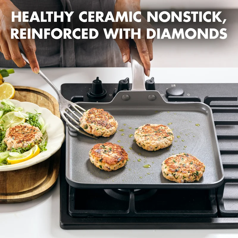 GreenPan Chatham Hard Anodized Healthy Ceramic Nonstick， 11 Griddle Pan， PFAS-Free， Dishwasher Safe， Oven Safe， Gray