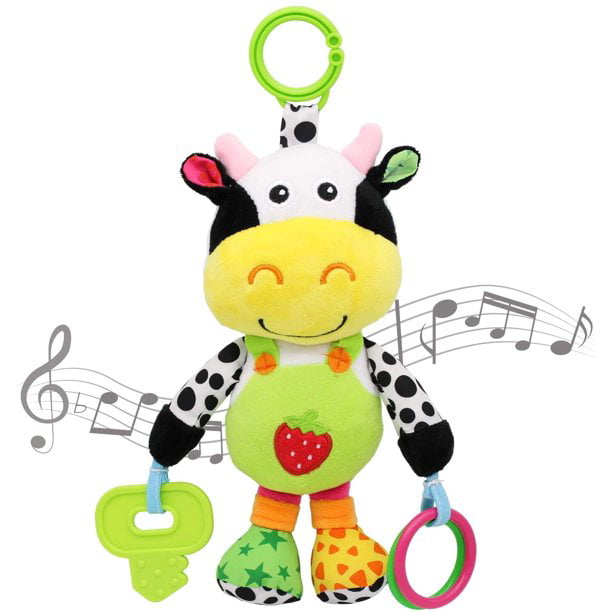 baby car seat toy with 24 kinds of music and teether， baby soft plush rattle， early development of hanging stroller toys， suitable for 0， 3， 6， 9， 12 months of newborn boys and girls gifts (cows)