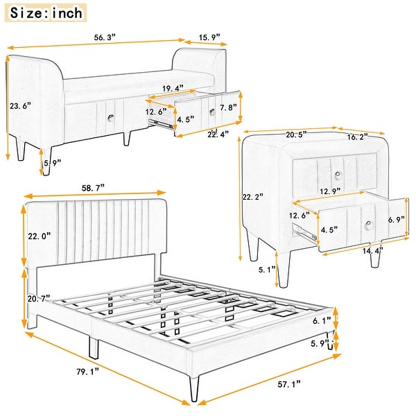 4-Pieces Bedroom Sets Full Size Upholstered Platform Bed with Two Nightstands and Storage Bench - - 38050440