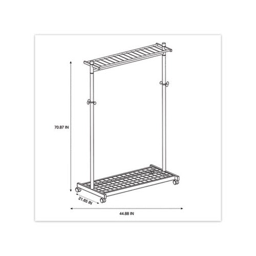 Garment Racks Two-Sided， 2-Shelf Coat Rack， 6 Hanger/6 Hook， 44.8w x 21.67d x 70.8h， Silver Steel/Wood