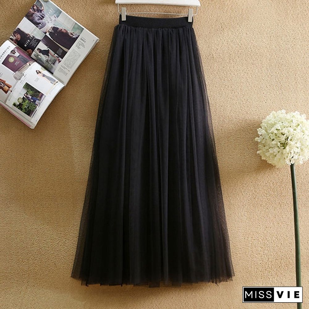 Tulle Skirts Women Summer Elastic High Waist Long Mesh Skirt Womens Tutu Maxi Pleated Skirt