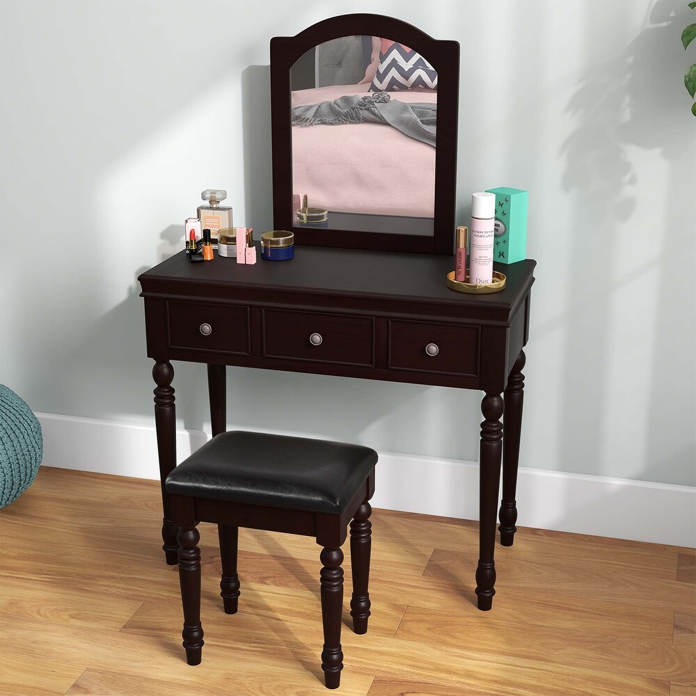 Costway Vanity Table Set Makeup Desk Cushioned Stool 3 Drawer Large   See Details