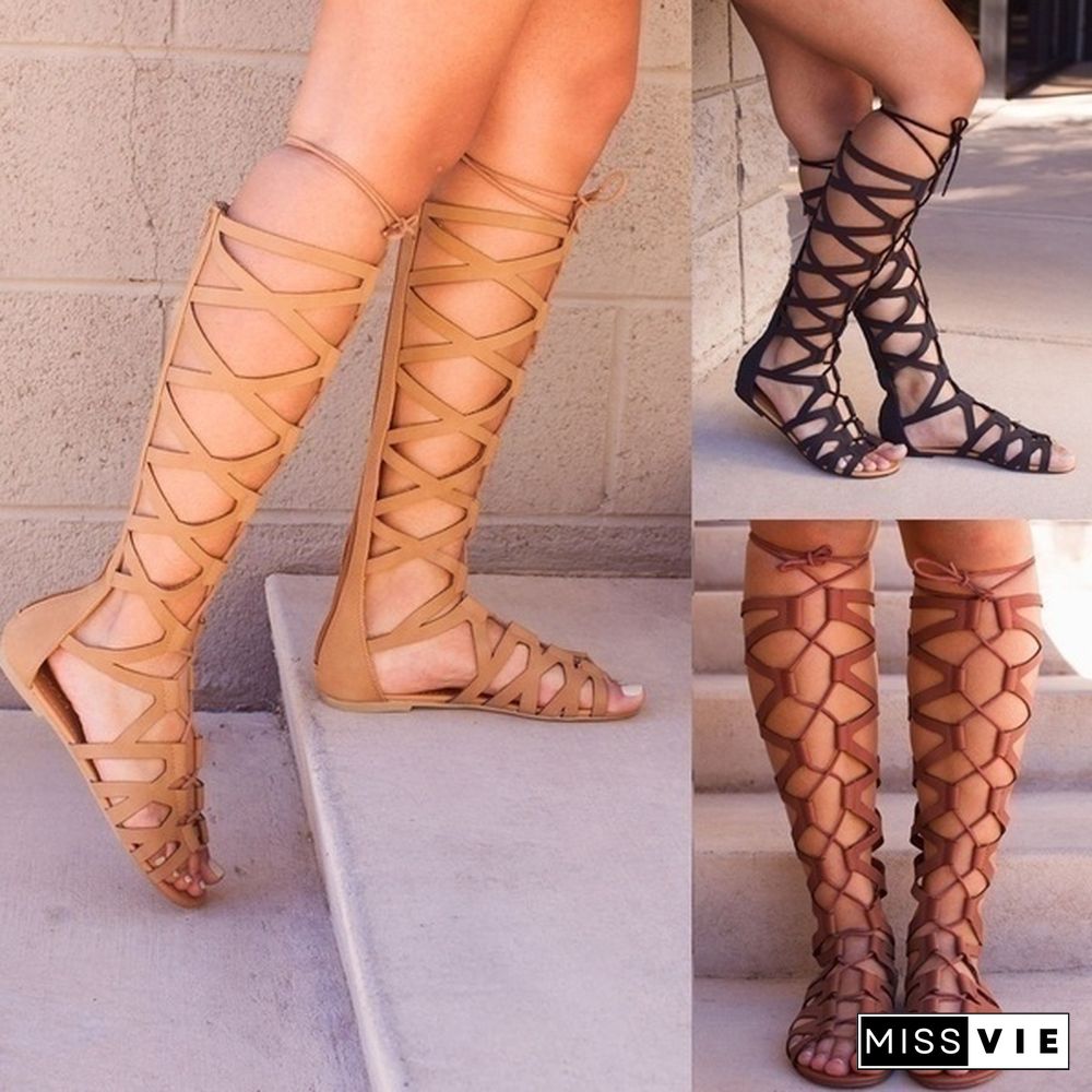 New Gladiator Sandals Ladies Summer Shoe Women Casual Knee-High Boots Multi-Strap Gladiator Sandals Women Shoes Large Size 35-43