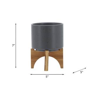 Flynama 5 in. Gray Ceramic Planter Stand Plant Pot with Wood Stand Feet for OutdoorIndoor(1-Pack) JX-79106869