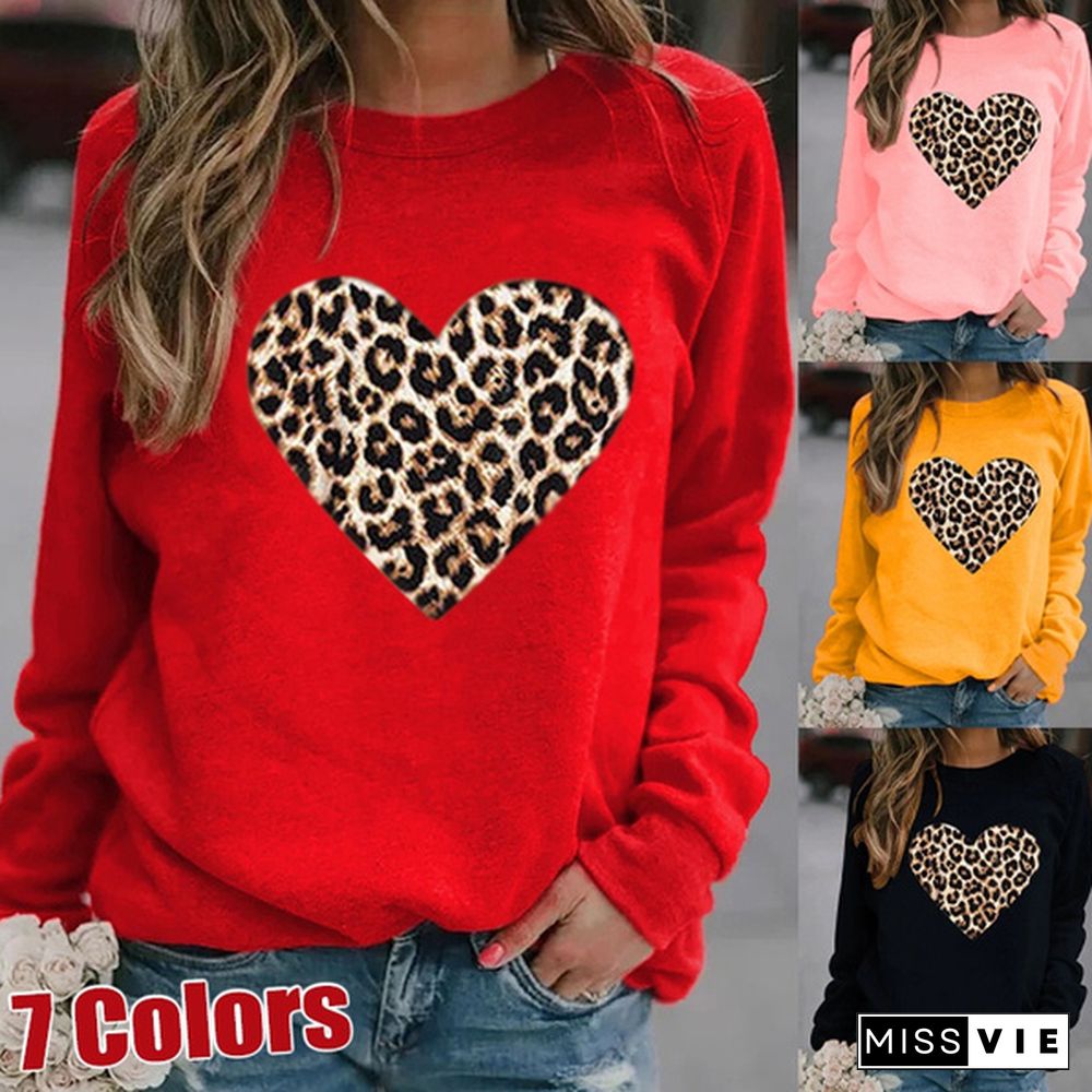 Winter Warm Women’s Fashion Long Sleeve Hoodies Casual Tops Round Neck Leopard Print Loose Pullover Sweatshirts