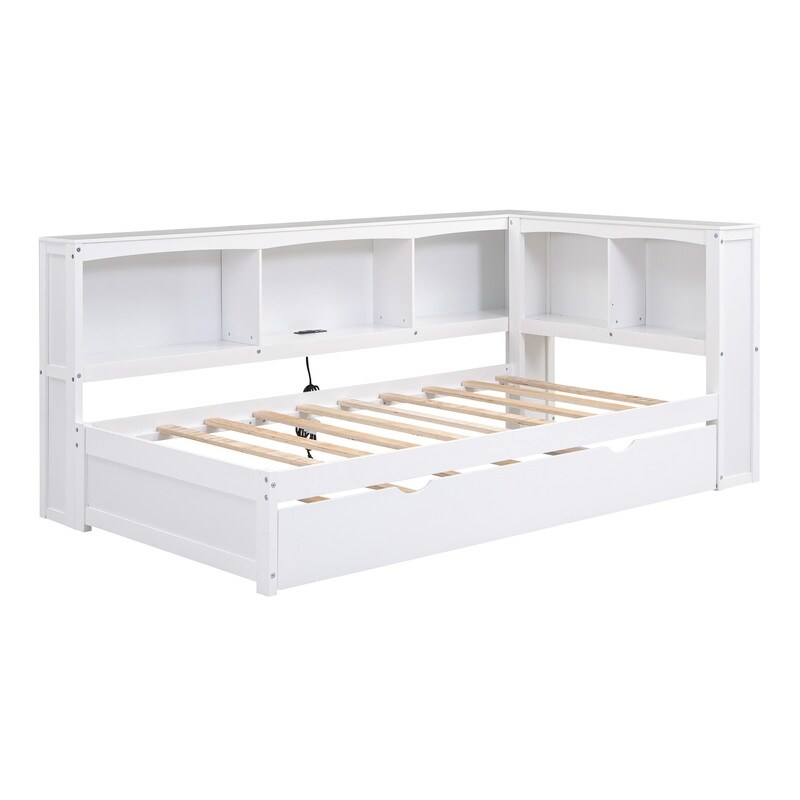 Twin Size Day Bed with Bookcases  Daybed with Trundle USB Ports and 5 Built in Storage Cabinets  Wood