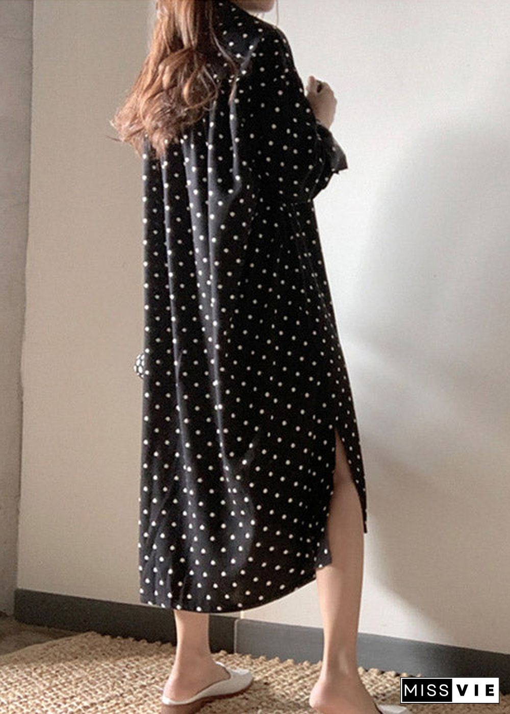 Black Dot Side Open Maxi Dress Long Sleeve