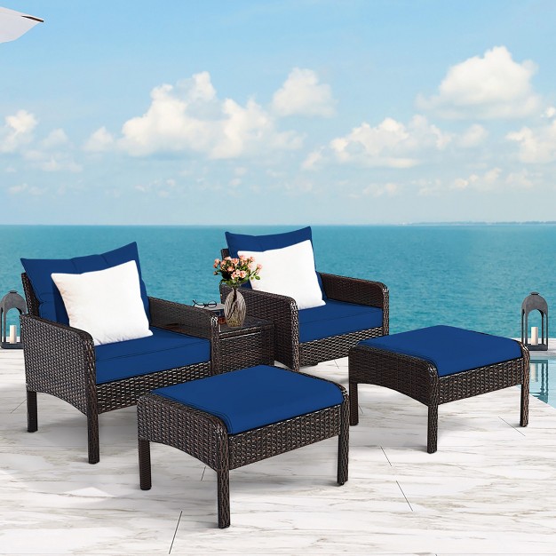 Costway 5 Pcs Patio Rattan Wicker Furniture Set Sofa Ottoman Coffee Table Cushioned