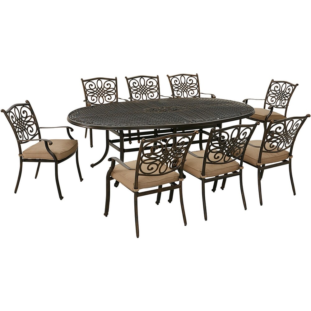 Hanover Traditions 9 Piece Dining Set in Tan with Eight Stationary Dining Chairs and 95 in. x 60 in. Oval Cast Dining Table