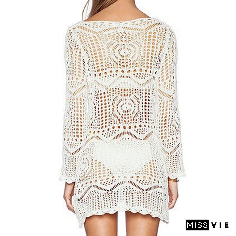 Womens White Summer Boho Lace Hollow Knit Bikini Swimwear Cover up Crochet Beach Mini Dress Tops Blouse