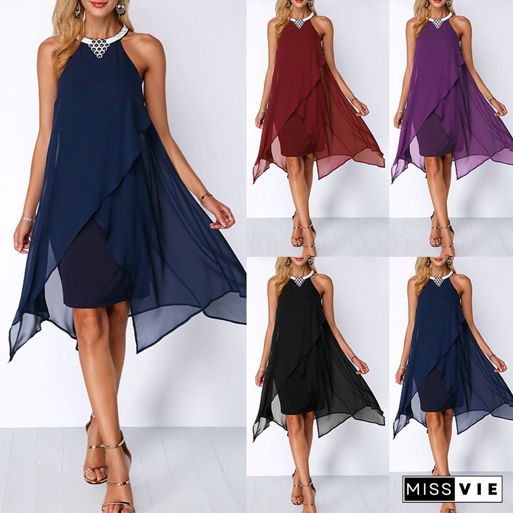 Plus Size Women Summer Round Neck Fashion Chiffon Sleeveless Dress Irregular Double Layer Beach PartySexy Loose Dresses