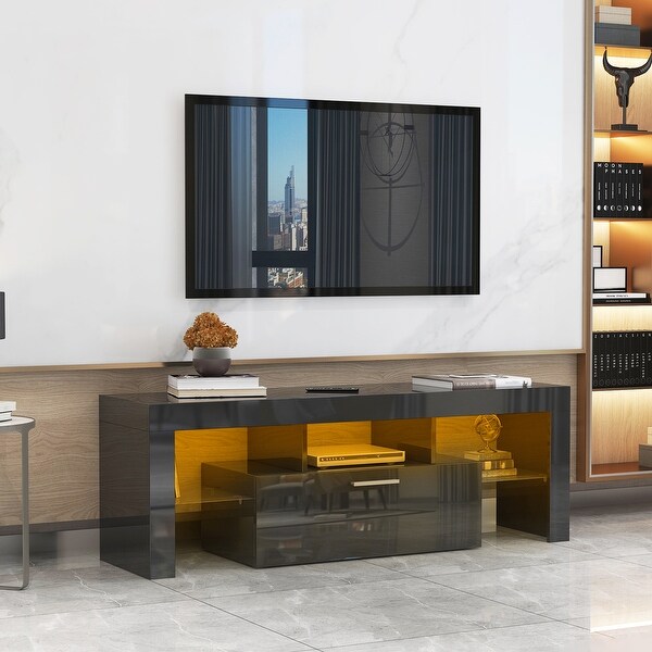 51''L RGB LED High Glossy TV Stand Console Cabinet with 2 Glass Shelf