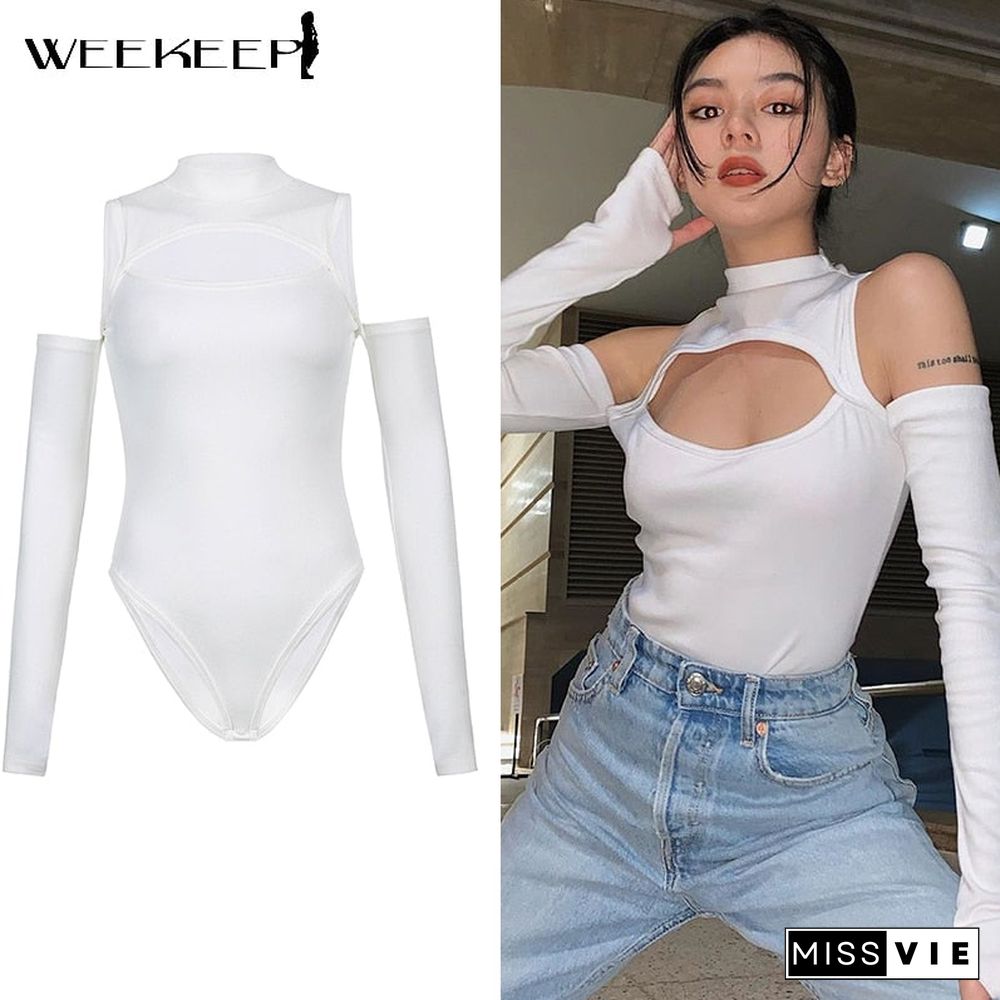 Weekeep Black Hollow Out Sexy Harajuku Bodysuit Womens Off Shoulder Streetwear Party Club Body Jumpers White Rompers Ladies