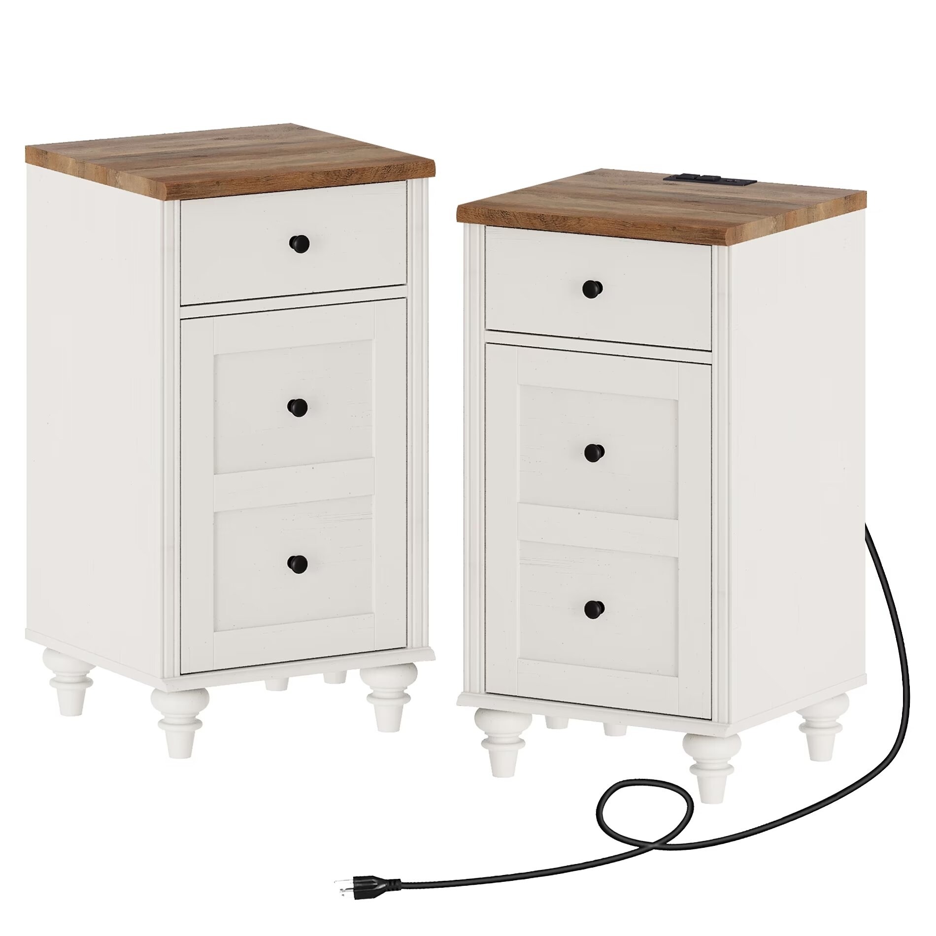 Set of 2 End Tables with Charging Station and Storage Cabinet， Off White