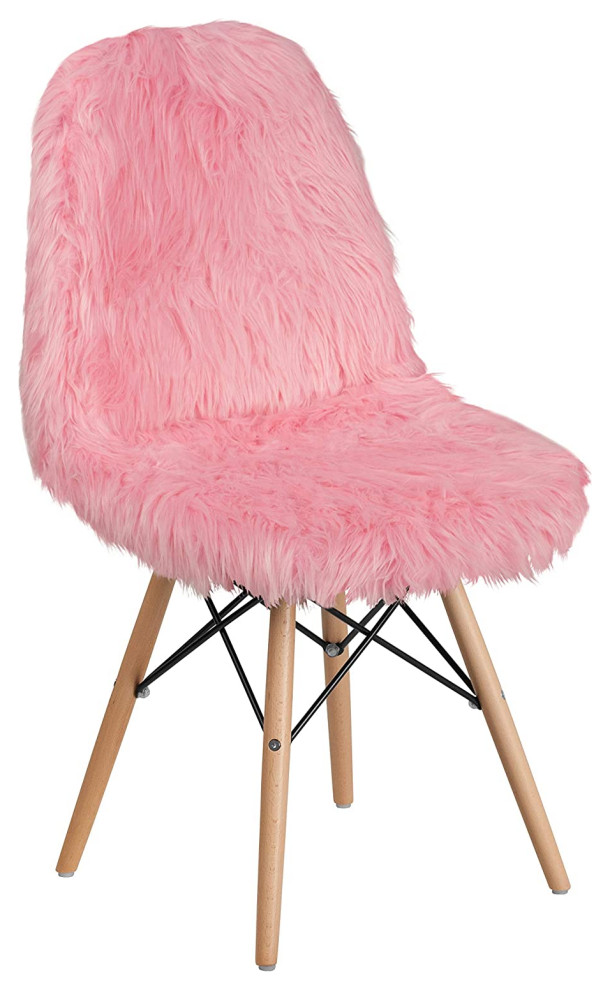 4 Pack Dining Chair  Wooden Legs  ampShaggy Faux Fur Upholstered Seat  Light Pink   Transitional   Recliner Chairs   by Decor Love  Houzz