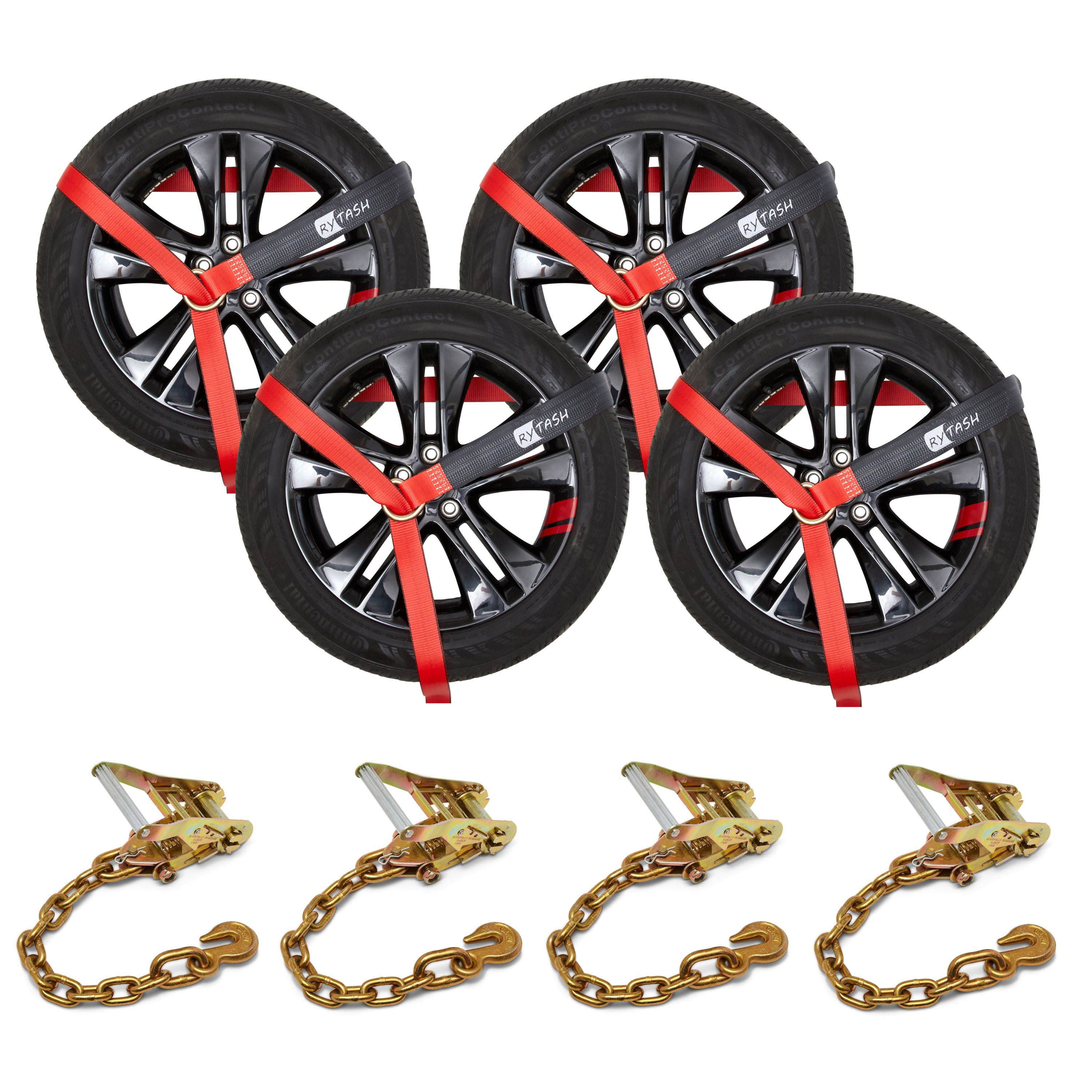 RYTASH 4 Pack Wheel Tie Down Car ATV Lasso Ratchet Straps with Chain Anchors Heavy Duty 2" x 96"