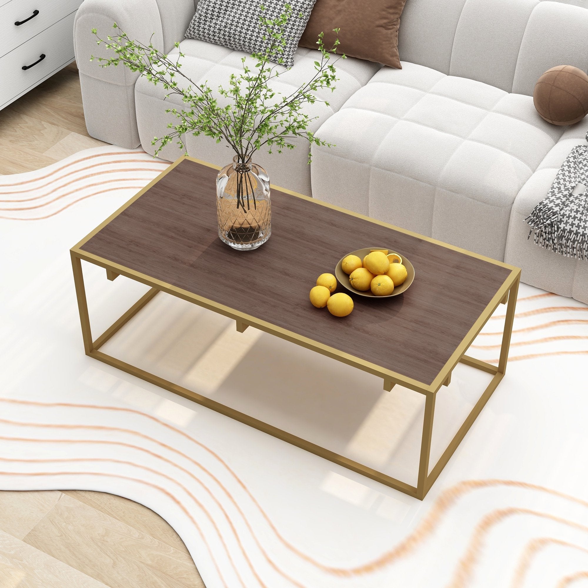 Alazyhome Modern Industrial Style Rectangular Wood Grain Top Coffee Table with Gold Metal Box Frame