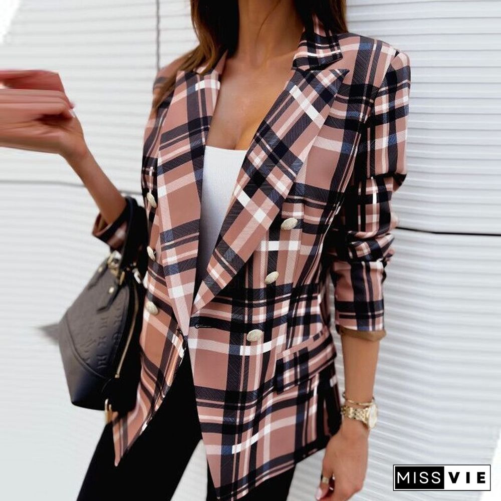 Elegant Lapel Double-breasted Blazer Autumn Casual Long Sleeve Slim Jackets Outerwear Spring Women Fashion Plaid Print Coats Top