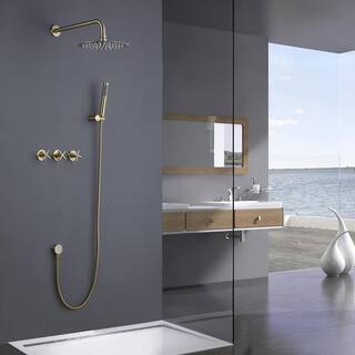 Hlihome 1-Spray Patterns with 2.5 GPM 10 in. Wall Mount Dual Shower Heads in Brushed Gold RBDK-0875-BG