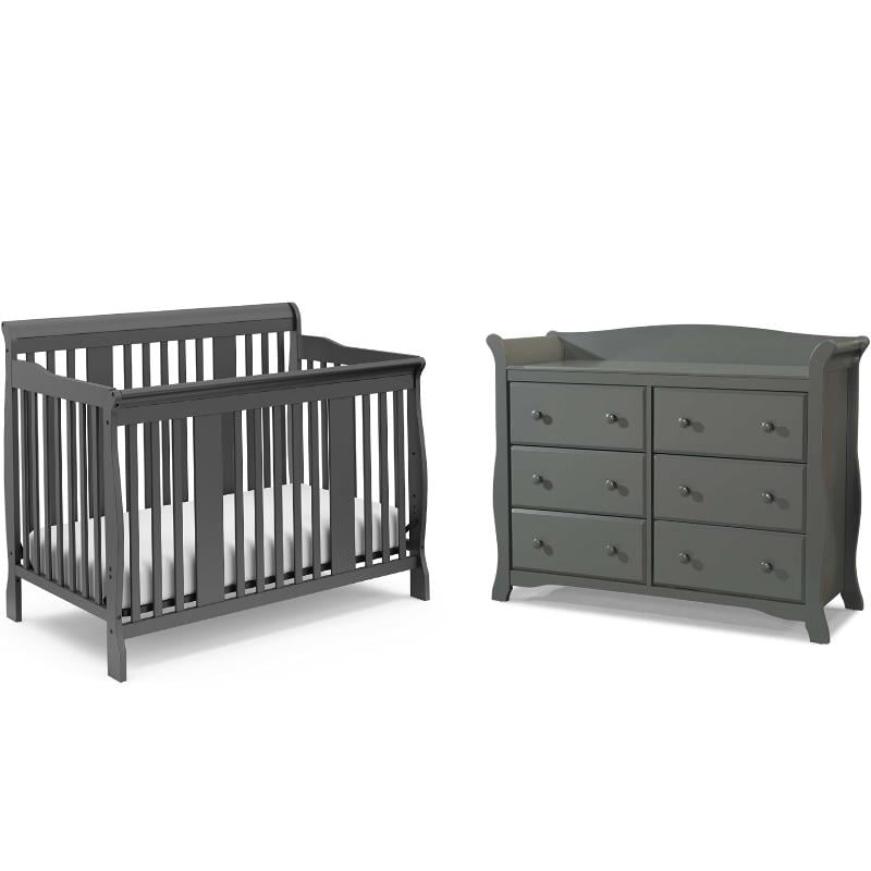 4-in-1 Convertible Baby Crib and 6-Drawer Double Dresser Set in Slate Gray