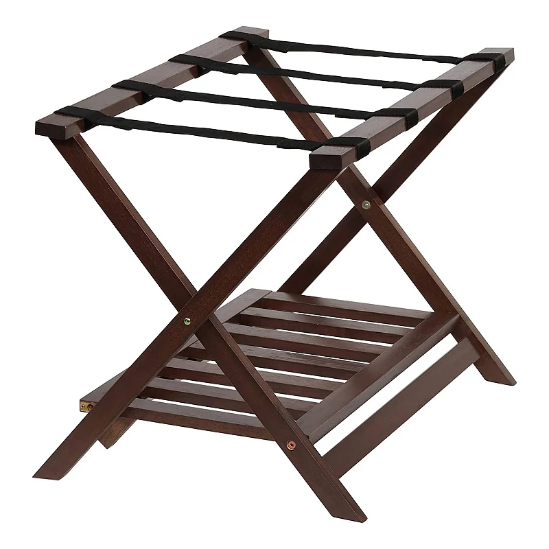 Pj Wood Hotel Style Home Folding Suitcase Luggage Rack W/shelf， Walnut (2 Pack)