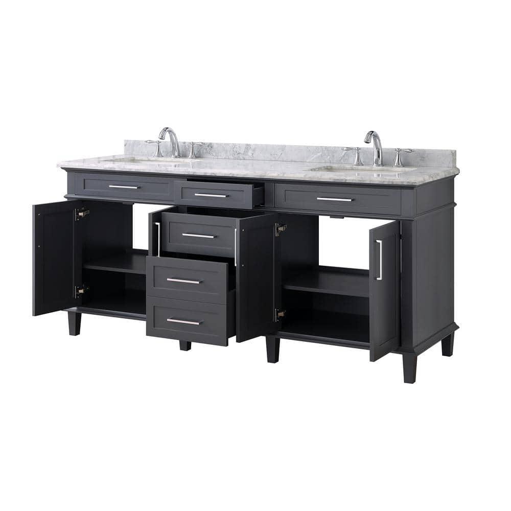 Home Decorators Collection Sonoma 72 in W x 221 in D x 343 in H Freestanding Bath Vanity in Dark Charcoal with Carrara Marble Marble Top