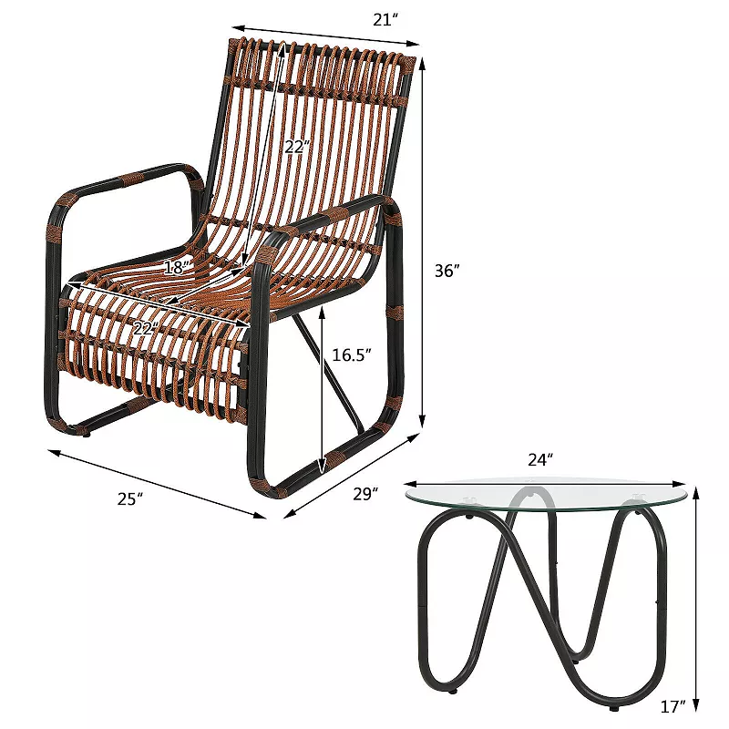 3 Pieces Patio Rattan Furniture Set with 2 Single Wicker Chairs and Glass Side Table