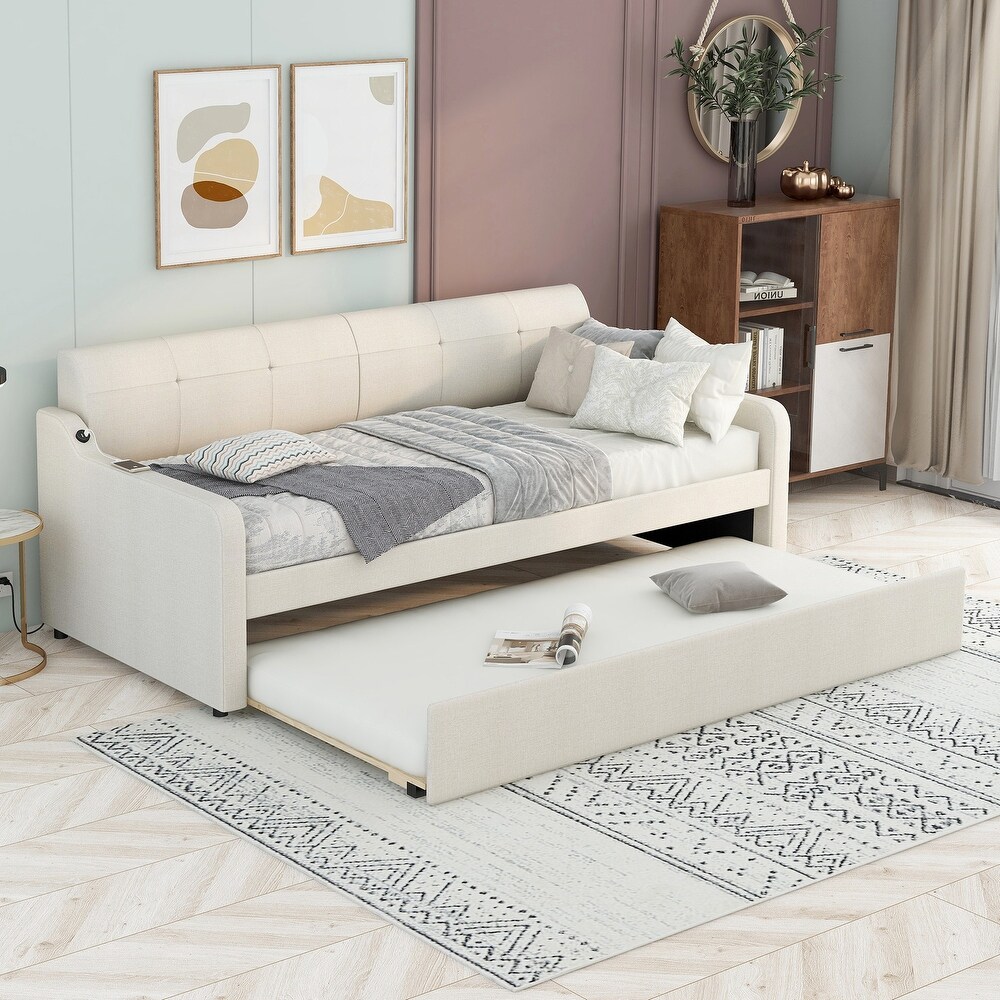 Twin Size Upholstered Daybed w/Trundle   USB Charging Design  Beige