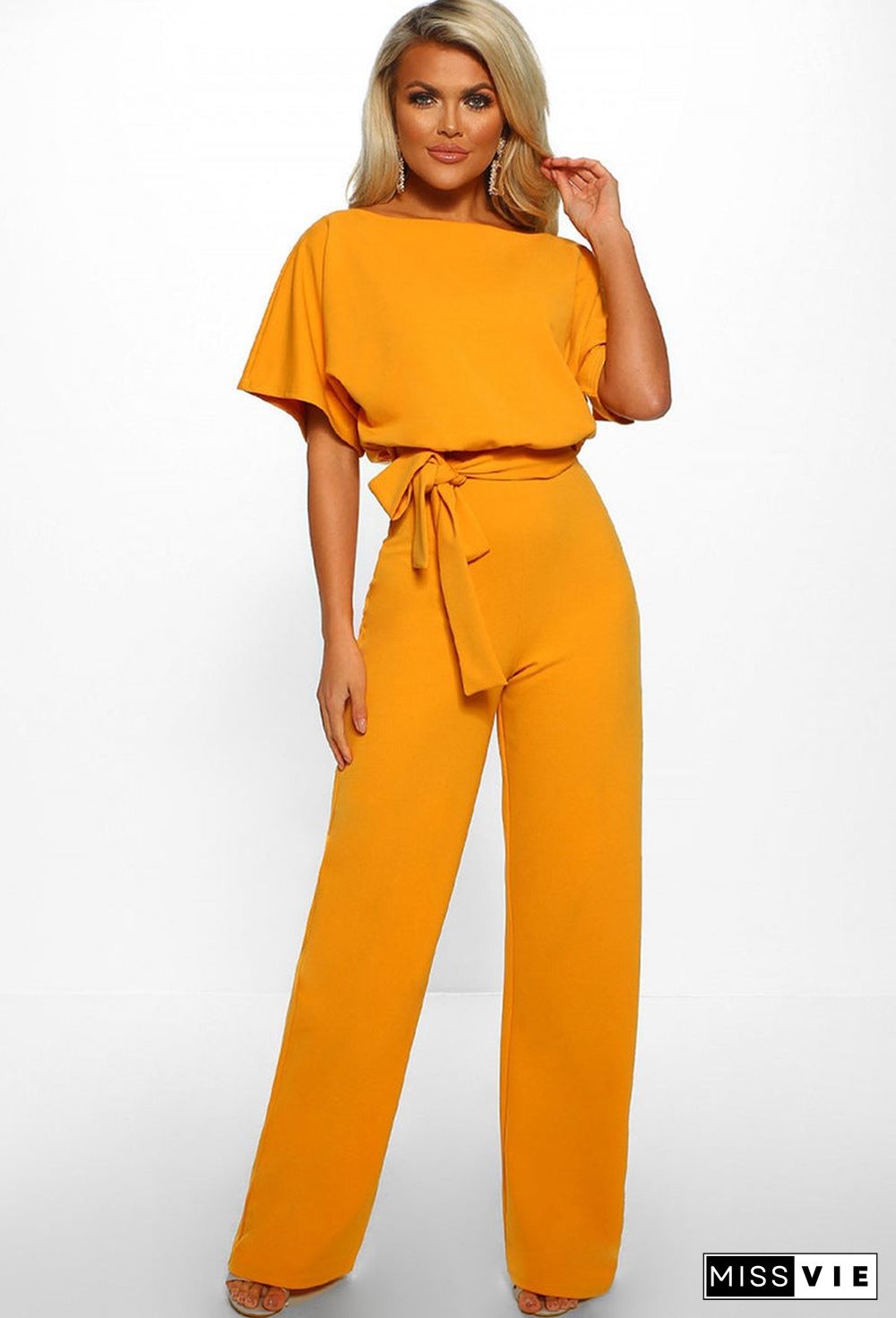 Button Lace-up Short-sleeved Jumpsuit