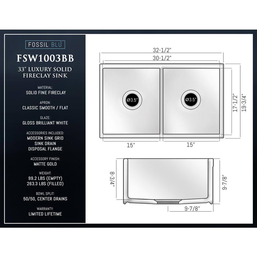 Fossil Blu Luxury 33 in. FarmhouseApron-Front Double Bowl White Solid Fireclay Kitchen Sink with Matte Gold Accs and Flat Front WHS1003BB