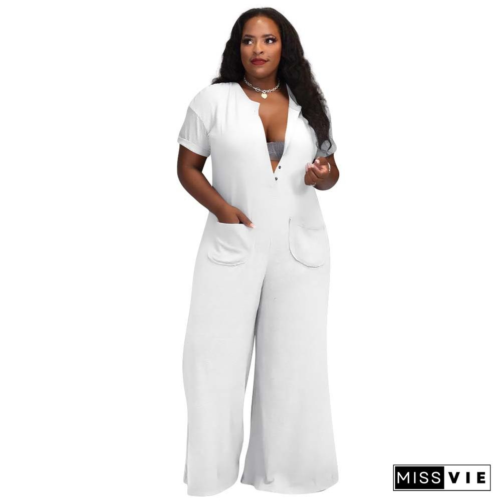 Solid Short Sleeve Loose Plus Size Wide Leg Jumpsuit