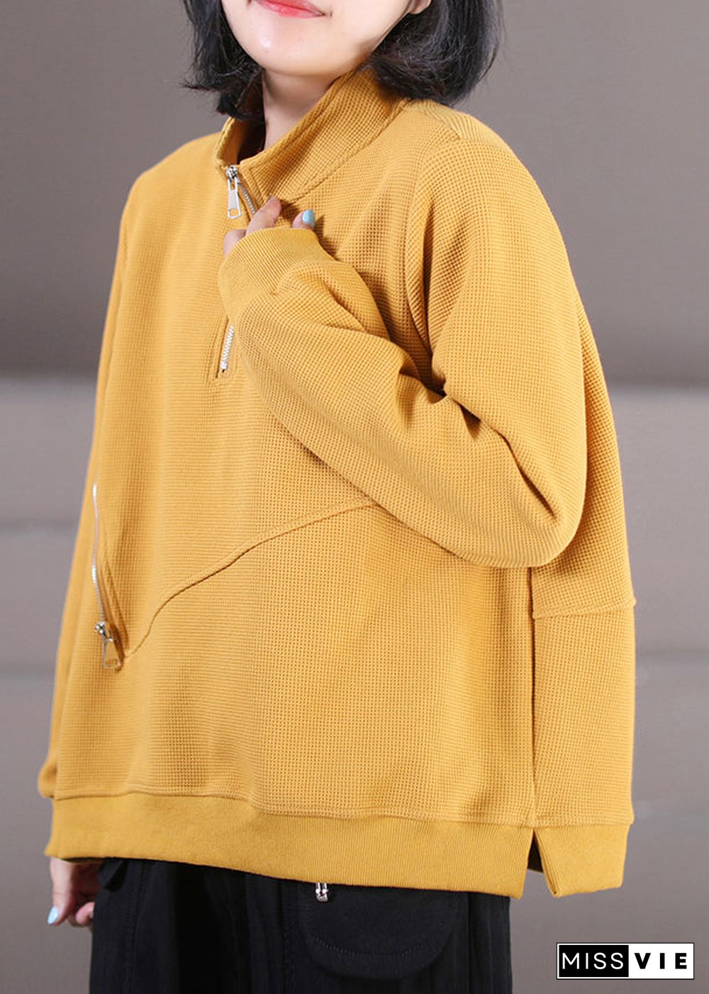 Yellow Stand Collar Side Open Sweatshirt Fall