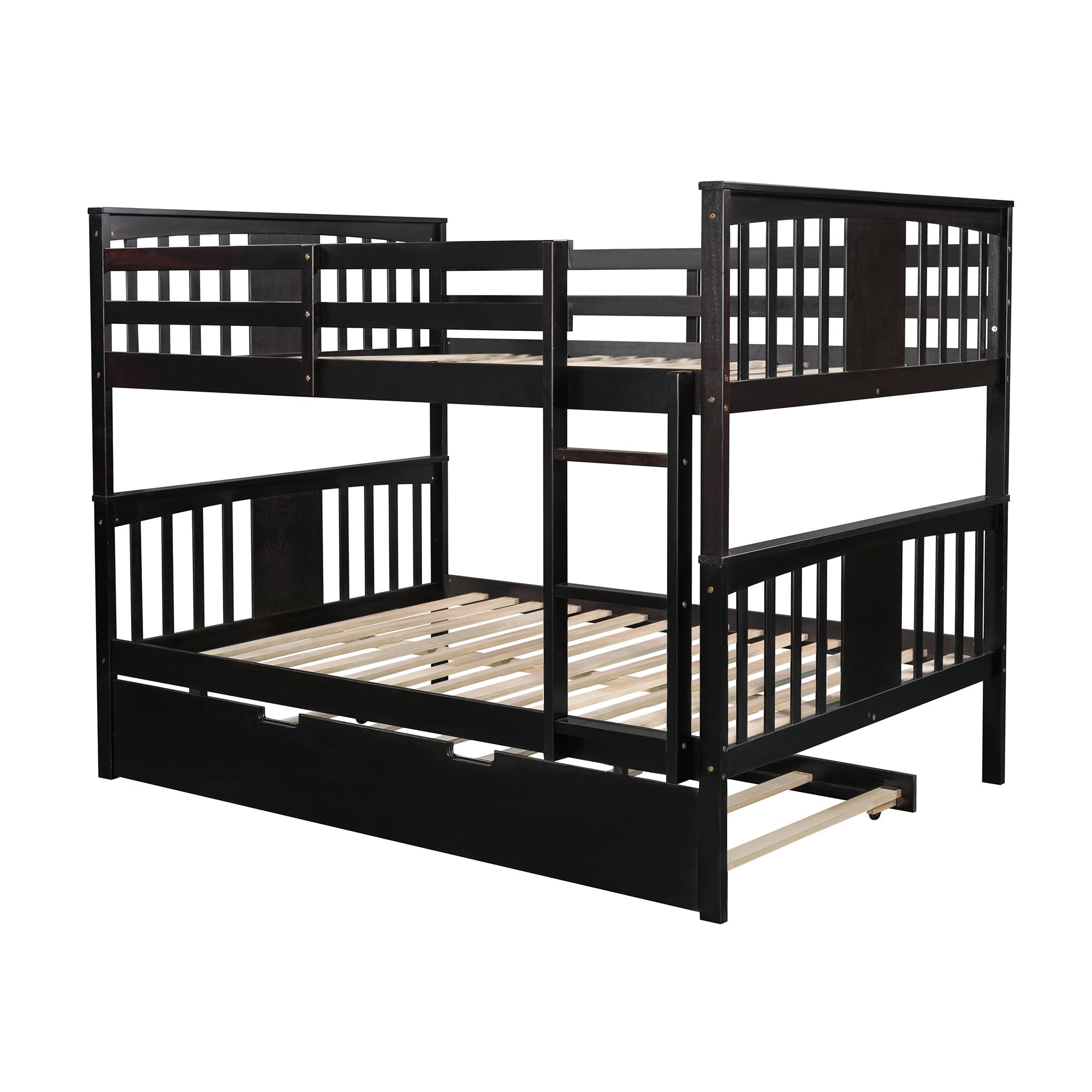 Full Over Full Bunk Bed with Twin Trundle Wood Bunk Bed Frame with Guard Rails and Ladder for Kids Boys Girls Teens Adults, Can be Convertible to 2 Beds,Espresso