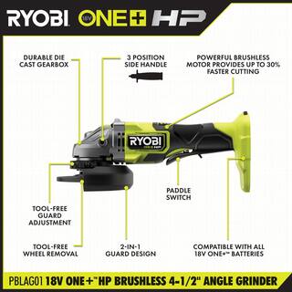 RYOBI ONE+ HP 18V Brushless Cordless 4-12 in. Angle Grinder with FREE 2.0 Ah Battery (2-Pack) PBLAG01B-PBP2006