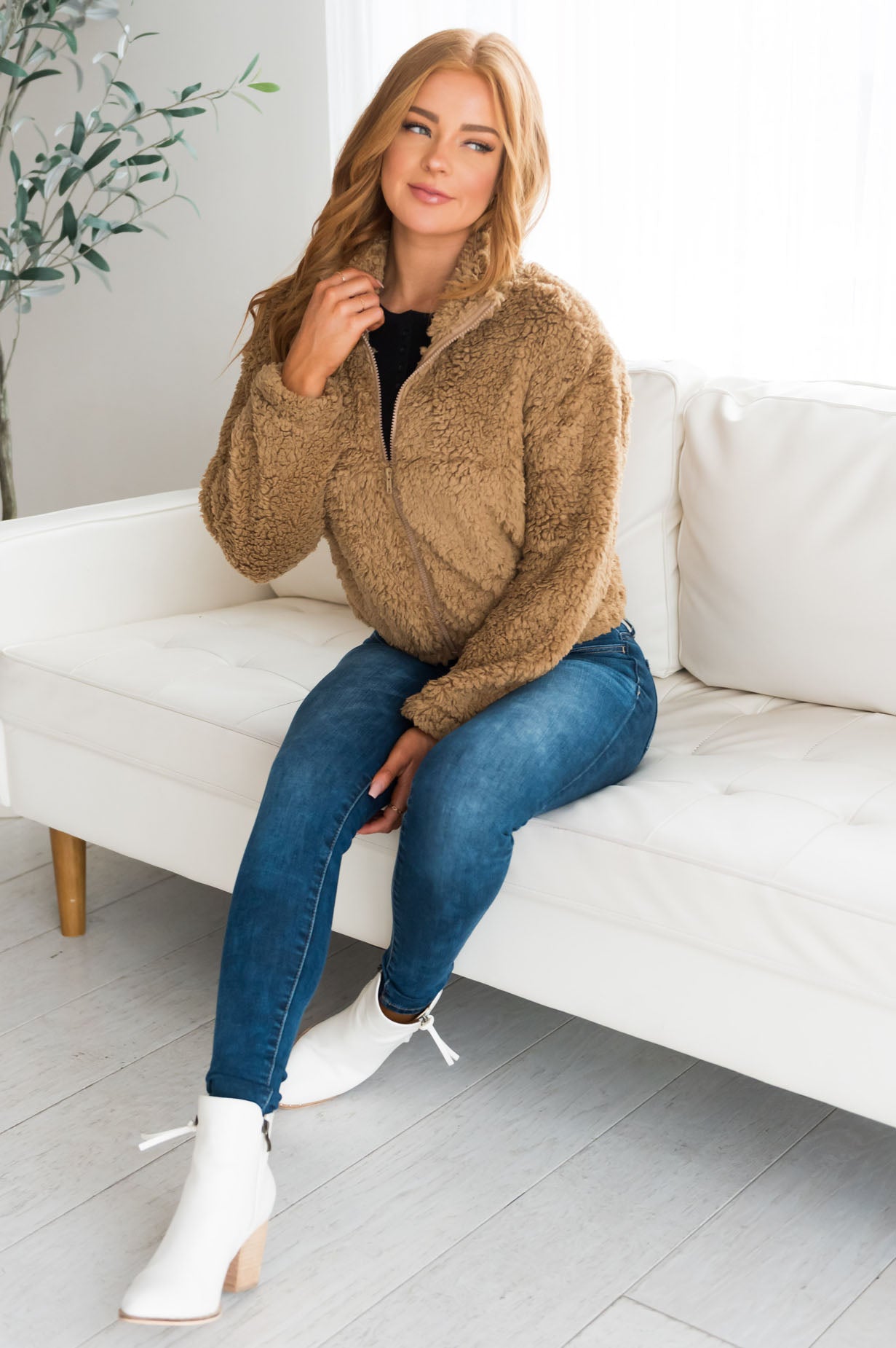 Let's Get Cozy Modest Fuzzy Zip Up Jacket