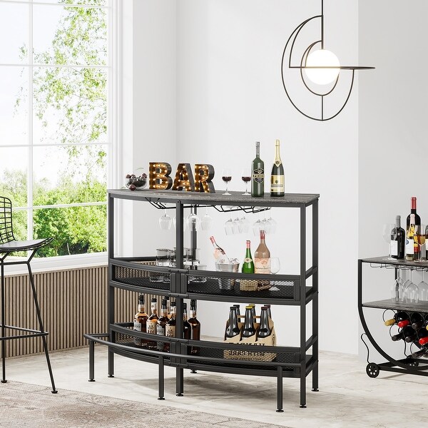 3-Tier Home Bar Unit with Storage Shelf，Wine Liquor Bar Table with Stemware Racks and Footrest for Home Pub