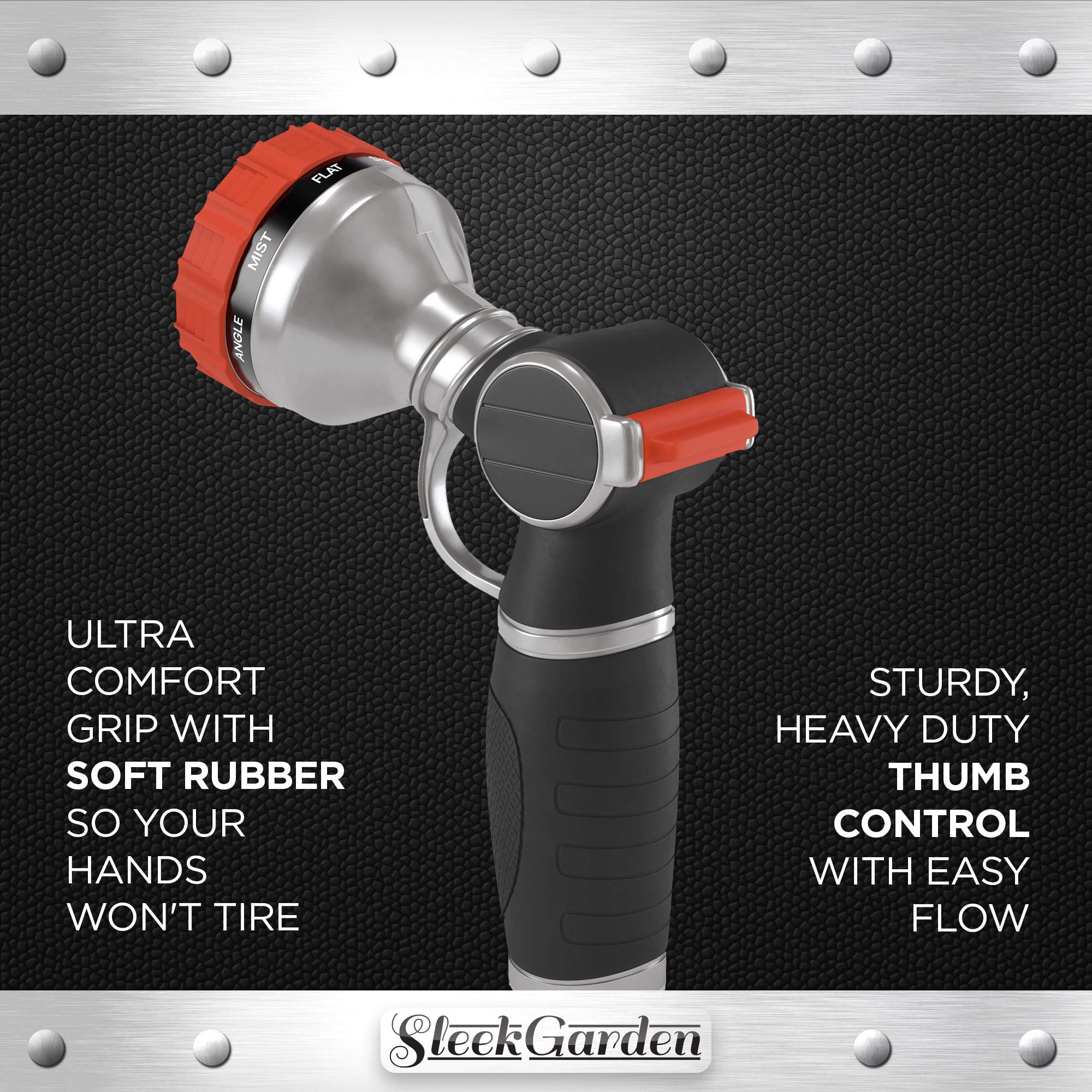 Sleek Garden Heavy Duty Garden Hose Nozzle Hand Sprayer with 9 Adjustable Spray Patterns， Red