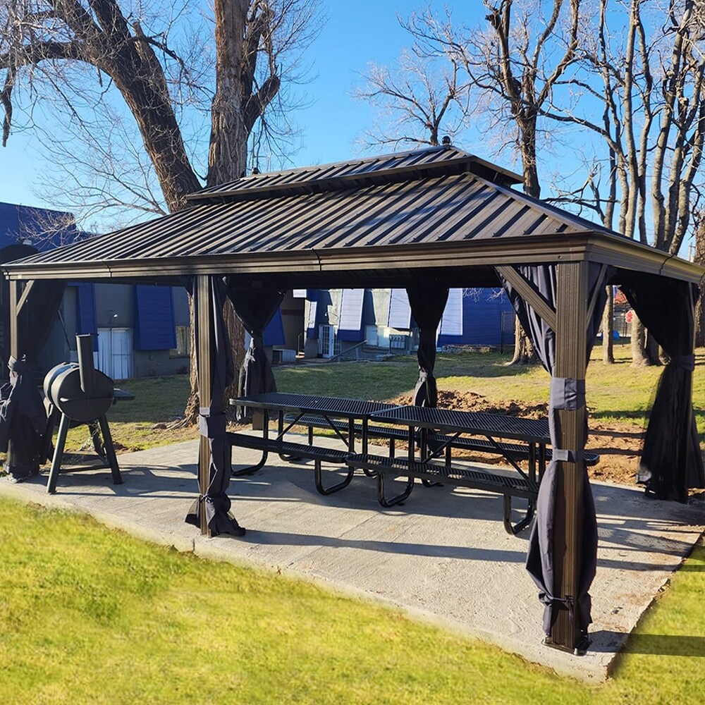 PURPLE LEAF Hardtop Aluminum Gazebo with Curtains and Netting  Double Roof Patio Gazebo  Bulbs included