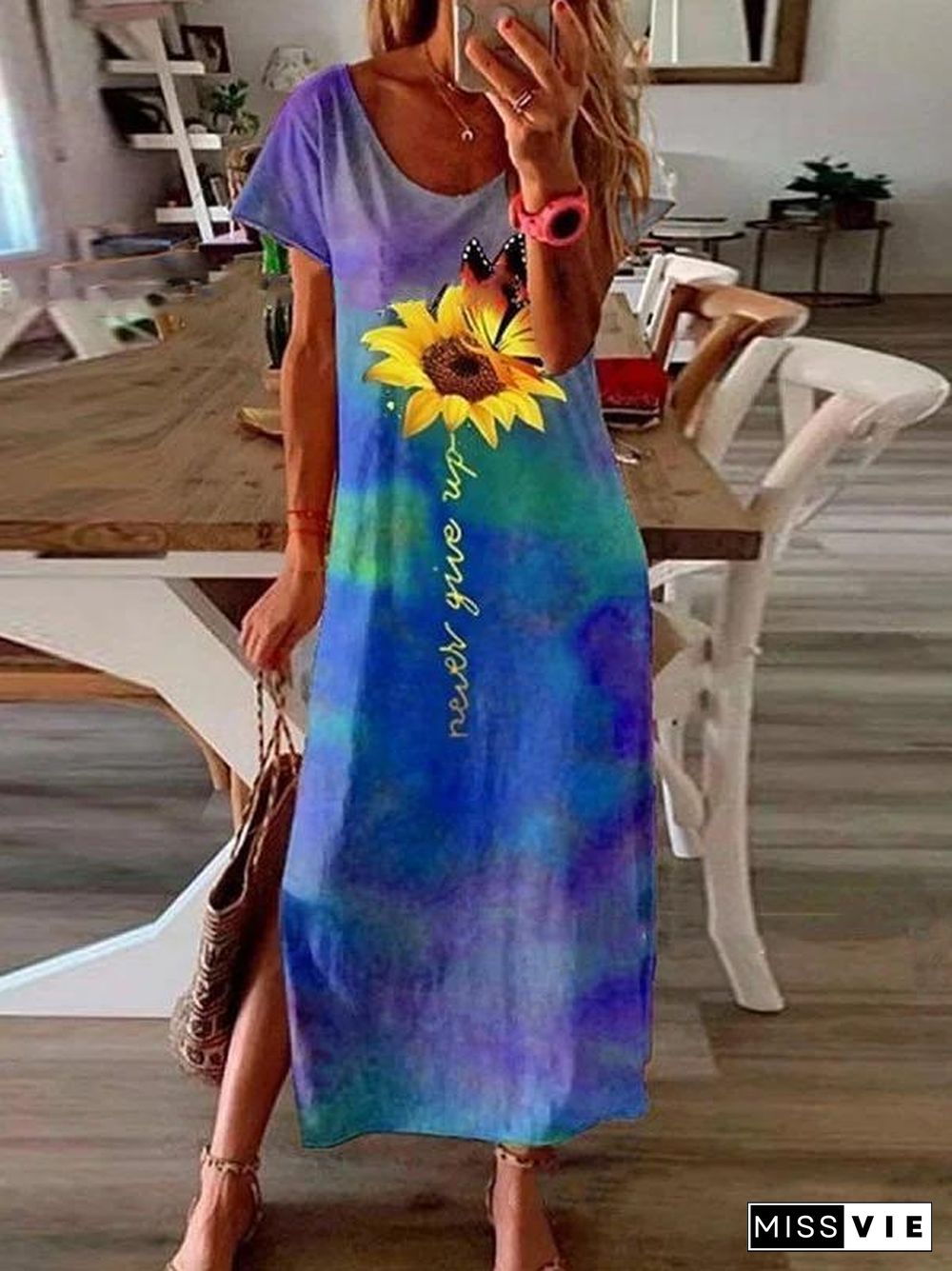 Short Sleeve Sunflower Tie-Dye Summer Dress